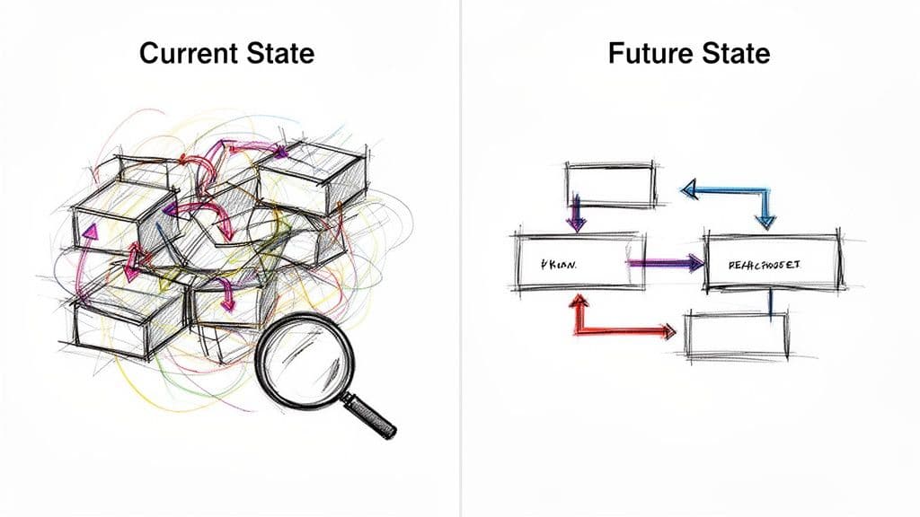A visual representation of transforming a complex, chaotic system into a clear, organized flow diagram.
