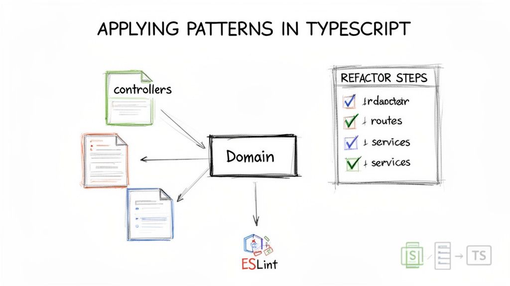 Hand-drawn diagram of applying architectural patterns in TypeScript, showing domain, controllers, and refactor steps.