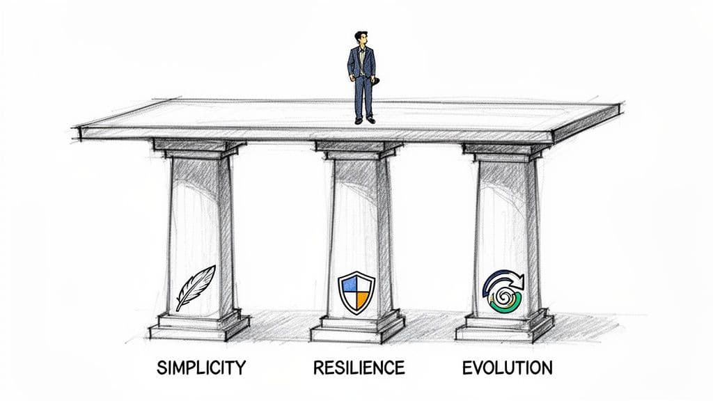 Three pillars of Simplicity, Resilience, and Evolution support a platform with a standing person.
