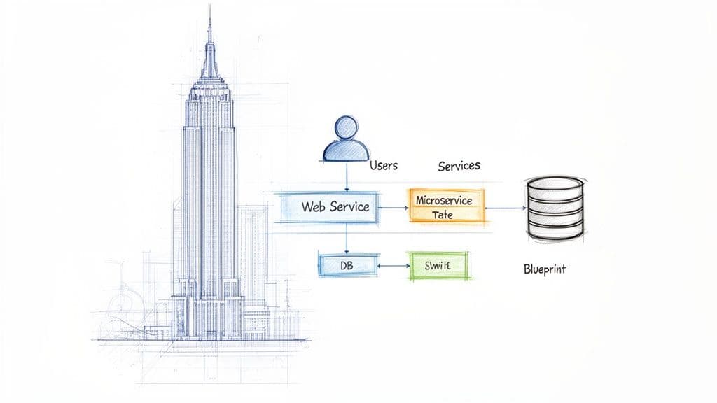 A blueprint-style sketch showing a skyscraper and a software architecture diagram with users, web services, microservices, and databases.