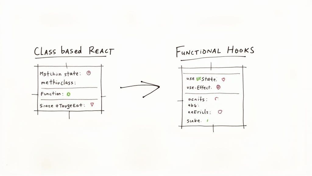 Diagram illustrating the transition from class-based React components to functional React hooks.
