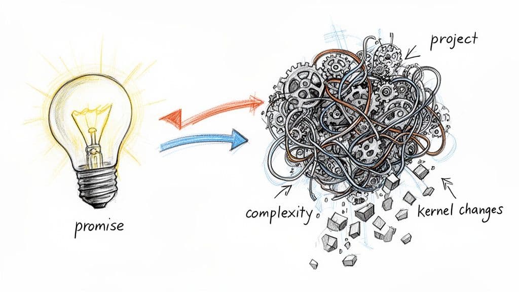 Illustration of a light bulb 'promise' transforming into a tangled 'project' with 'complexity' and 'kernel changes'.