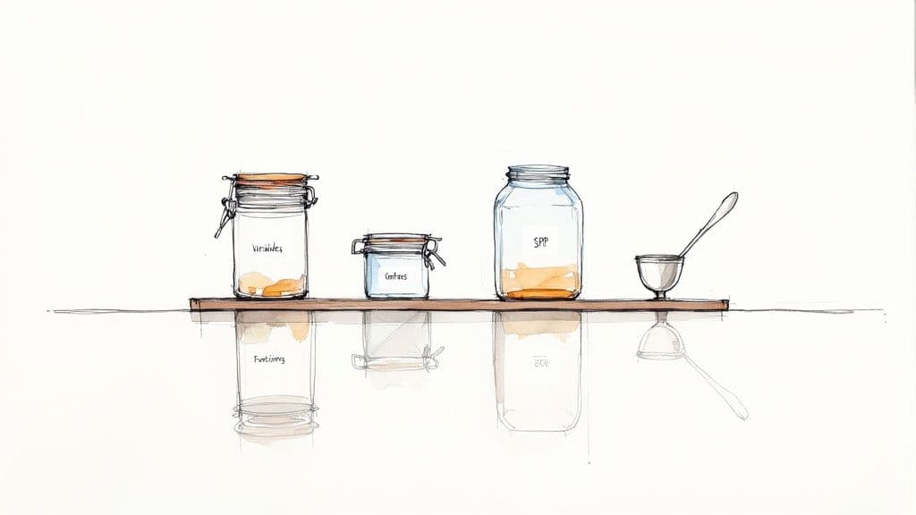 Illustration of labeled jars and a bowl on a shelf, representing programming concepts.