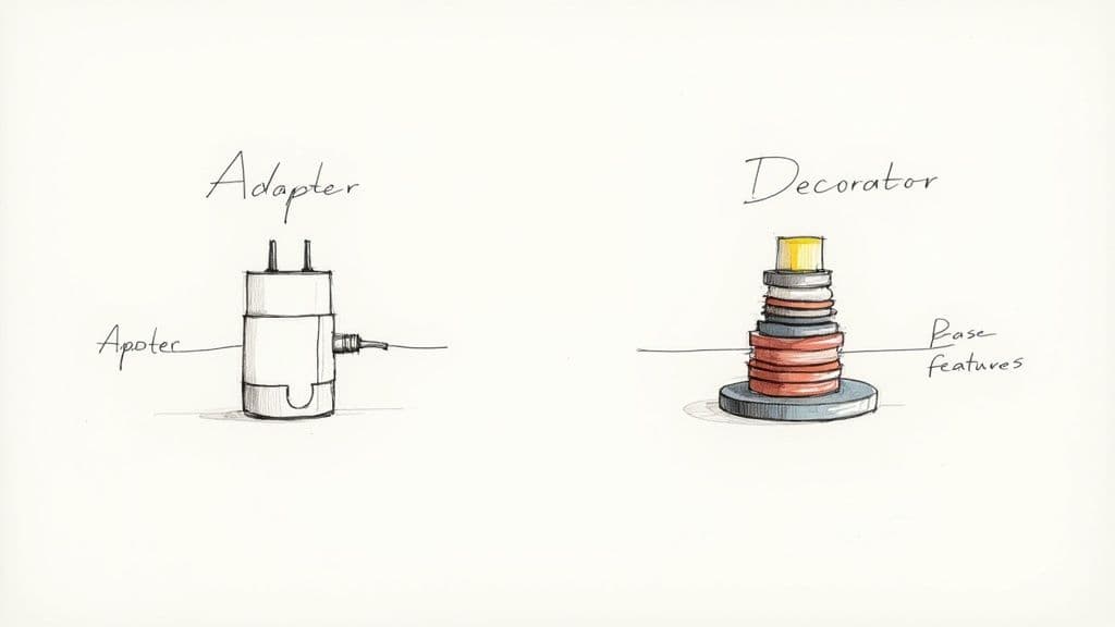 Hand-drawn illustrations of an electrical adapter and a stack of rings representing OOP design patterns.