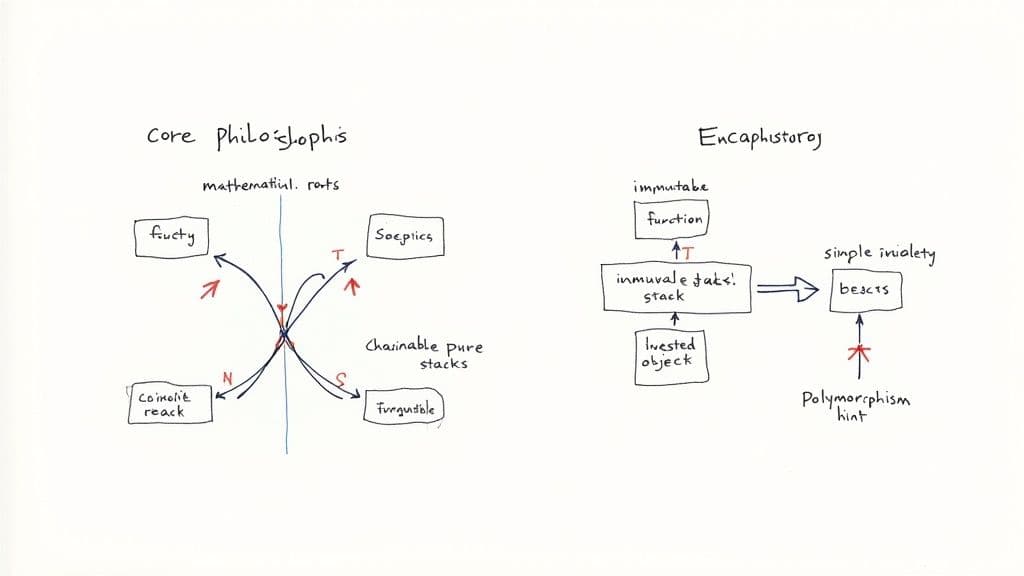 Conceptual diagrams illustrating core philosophies, mathematical roots, pure stacks, immutable functions, invested objects, and polymorphism.