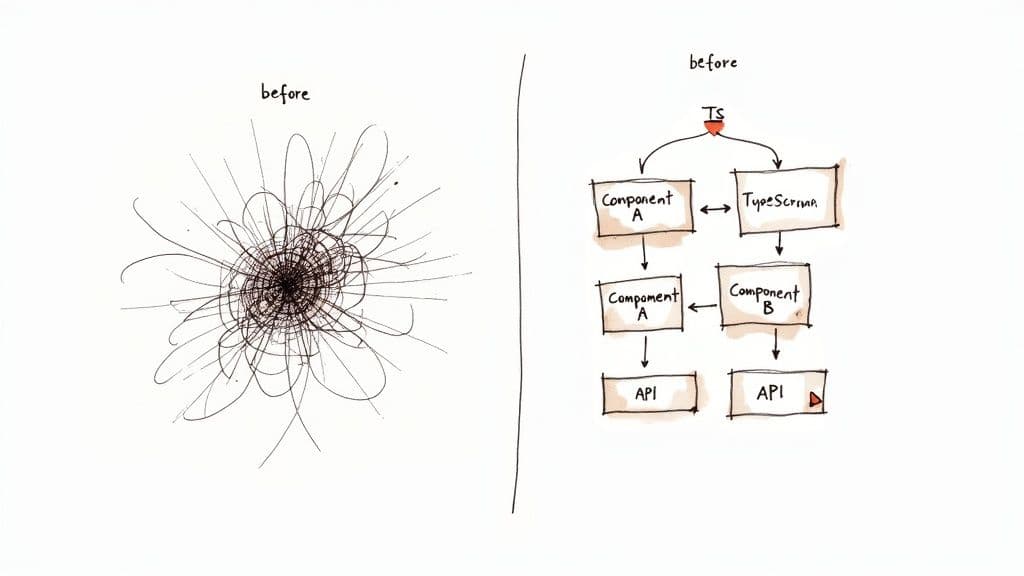 An image showing a modern developer's setup with JavaScript and TypeScript code on the screen, reflecting the application of clean code principles.