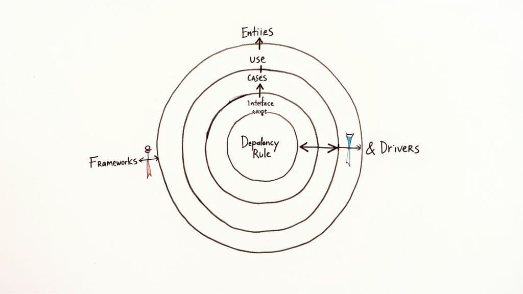 A hand-drawn diagram of Robert C. Martin's Clean Architecture, showing concentric layers from Dependency Rule to Entities.