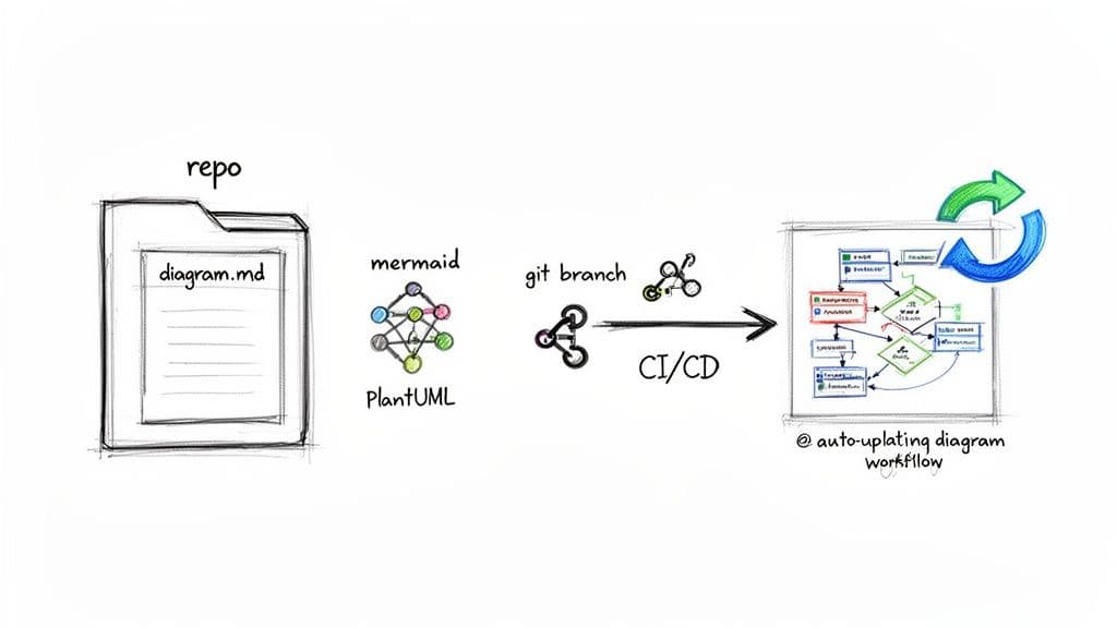 Workflow demonstrating how to automatically update diagrams using Mermaid/PlantUML, Git, and CI/CD.