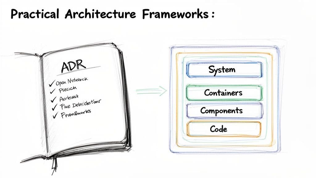 Diagram illustrating practical architecture frameworks, showing a notebook with ADR and a layered system breakdown into code.