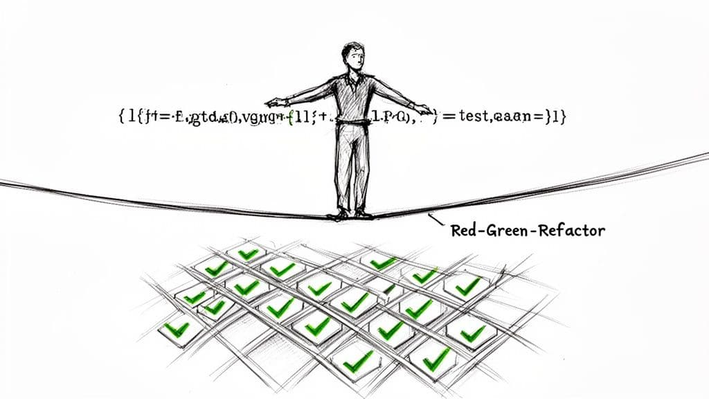 Sketch of a person balancing on a tightrope above green checkmarks, illustrating the Red-Green-Refactor cycle.
