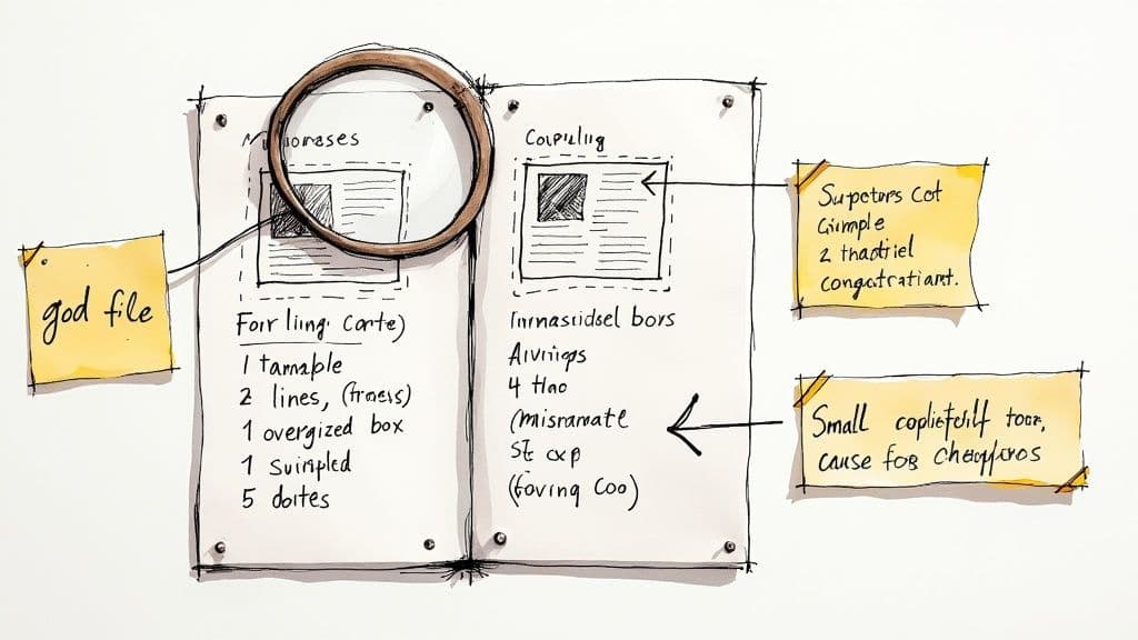 Hand-drawn corkboard sketch showing file organization system with sticky notes and magnifying glass