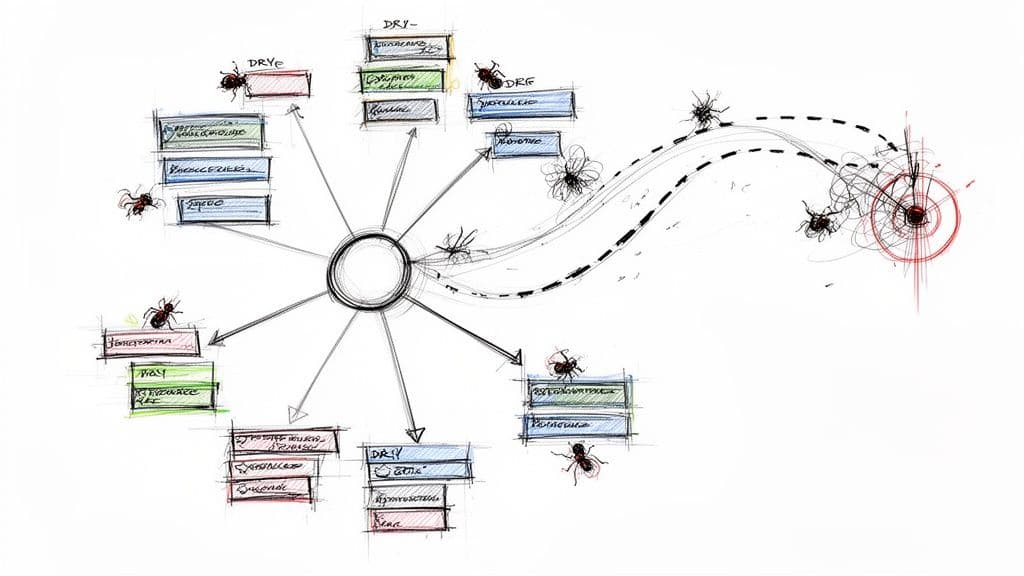 Conceptual diagram illustrating principles like DRY and DRF, with insect-like figures navigating paths.