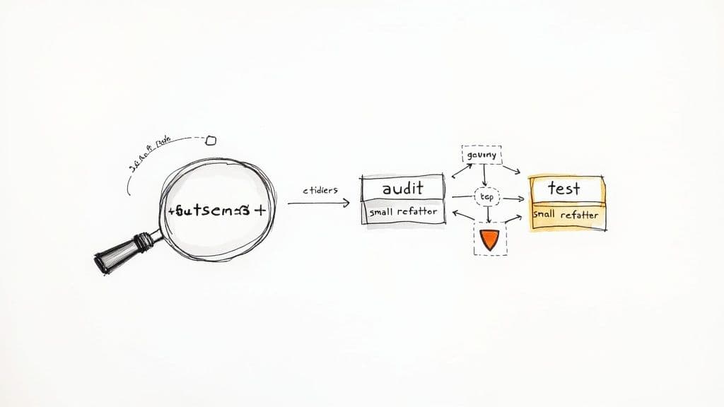 An organized desk with a checklist, a laptop displaying code, and a cup of coffee, symbolizing a planned approach to refactoring.