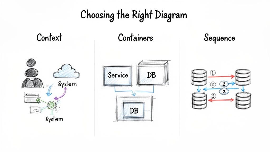 Illustrates three types of software architectural diagrams: Context, Containers, and Sequence, aiding in system design.
