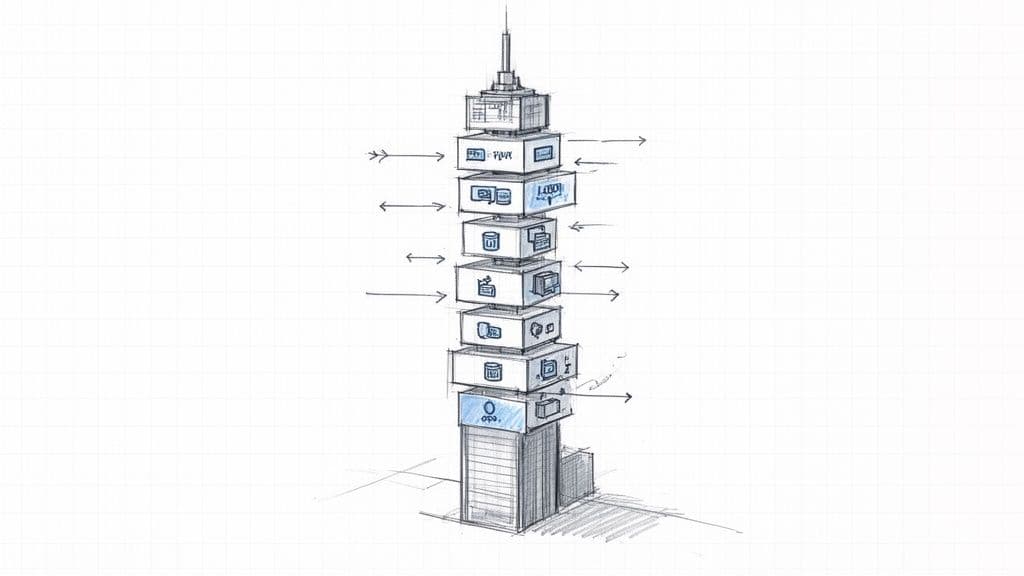 Hand-drawn architectural diagram of a software system depicted as a building with interacting layers.