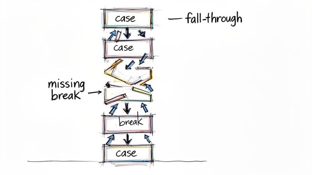 Hand-drawn diagram of a programming switch statement showing case blocks, fall-through, and a missing break.