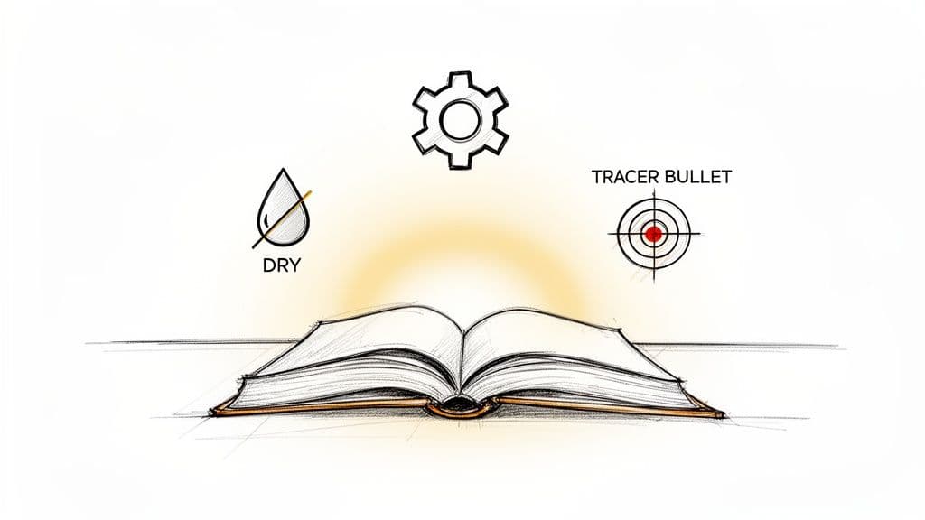 A sketch of an open book with icons representing 'DRY' (no water), a gear, and a 'TRACER BULLET' target.