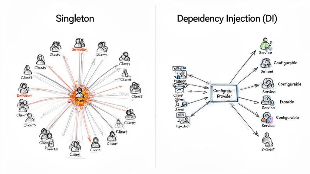 A diagram comparing Singleton design pattern, where clients access a central root, and Dependency Injection with a configurable provider mediating services.