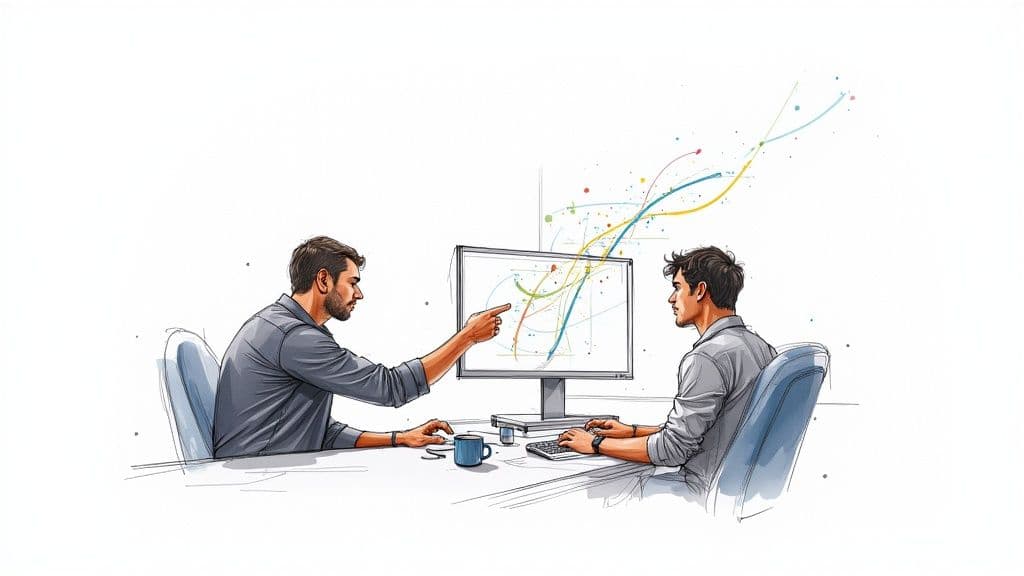 Two developers working collaboratively at a single desk, representing pair programming.