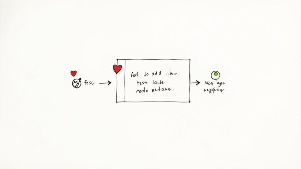 A handwritten diagram illustrating a process flow with a red heart icon, a text box, and a green circle icon.