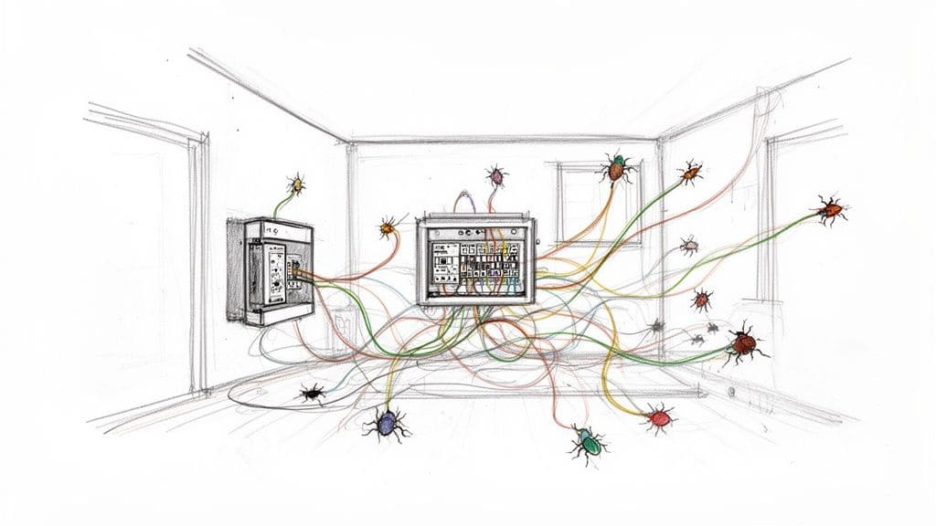 A surreal sketch of a room with electronic devices on walls, connected by colorful wires to numerous insects.