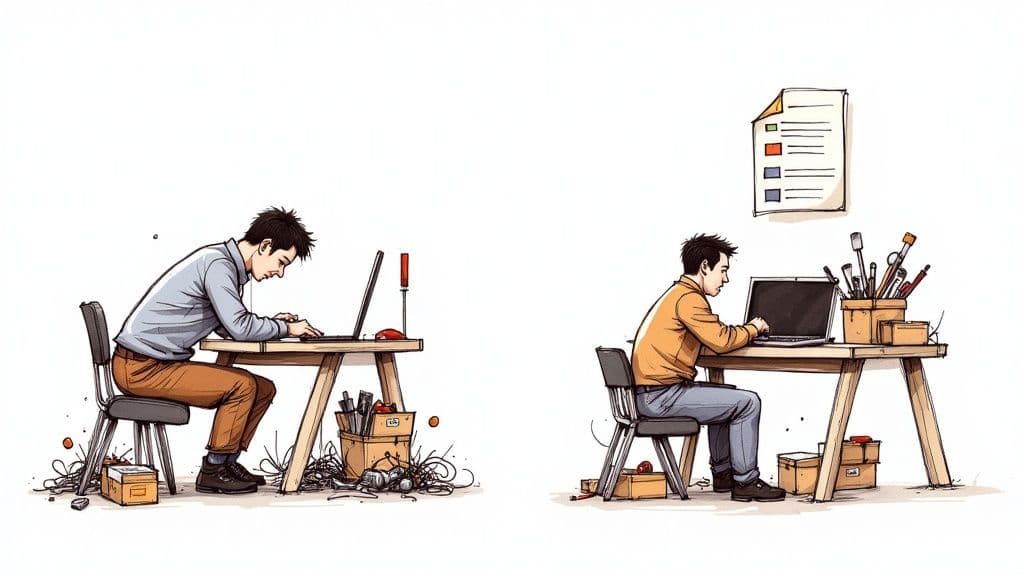 Illustration contrasting a person working at a messy desk versus an organized, clean desk.