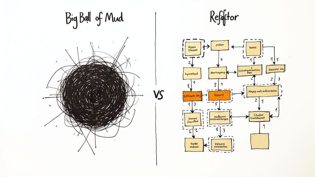 A comparison of a chaotic 'Big Ball of Mud' software architecture with a clean, refactored system diagram.