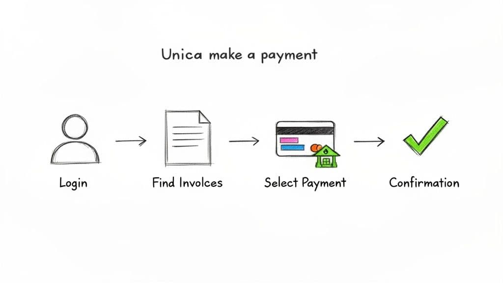 A simple flowchart illustrating the Unica payment process with steps: Login, Find Invoices, Select Payment, and Confirmation.