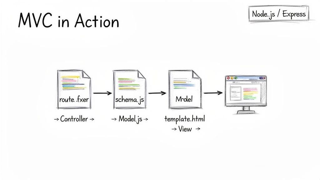 Diagram illustrating the MVC architecture in action with Node.js/Express, showing controller, model, and view components.