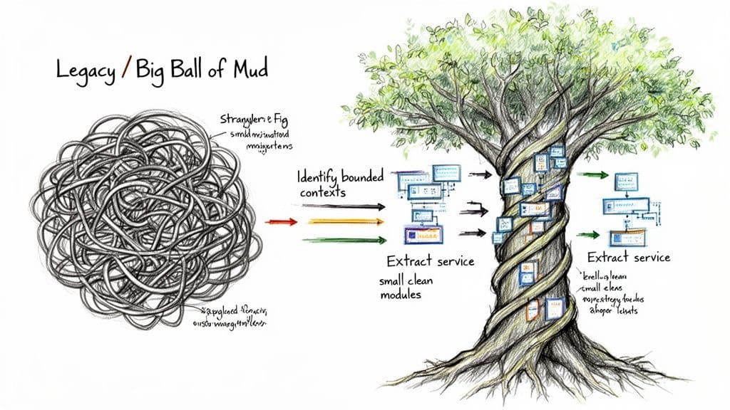 Illustration of transforming a complex legacy system into modular services using the Strangler Fig pattern.