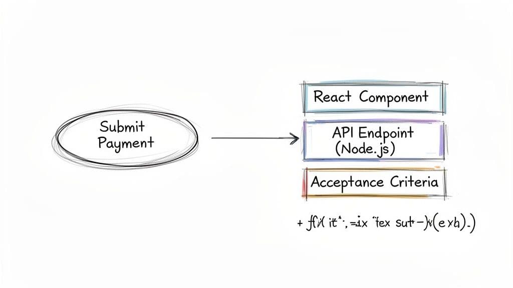 A diagram illustrating the 'Submit Payment' process involving a React component, API endpoint, and acceptance criteria.
