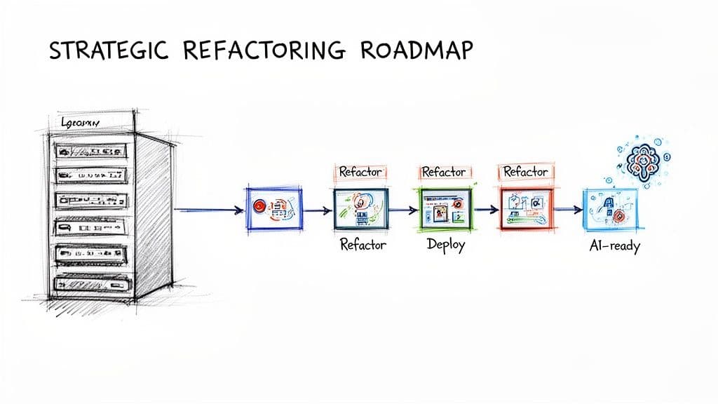 A strategic refactoring roadmap visualizes the process from existing systems to AI-ready solutions through refactoring and deployment.