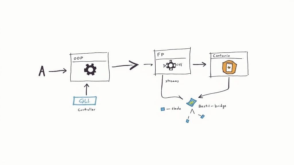 A diagram illustrating a software architecture flow from OOP to FP to a Contonie system, with GUI and external components.