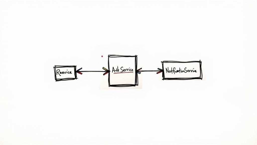 A hand-drawn diagram showing a flow from Reavice to Atk Service, then to NotificationService.