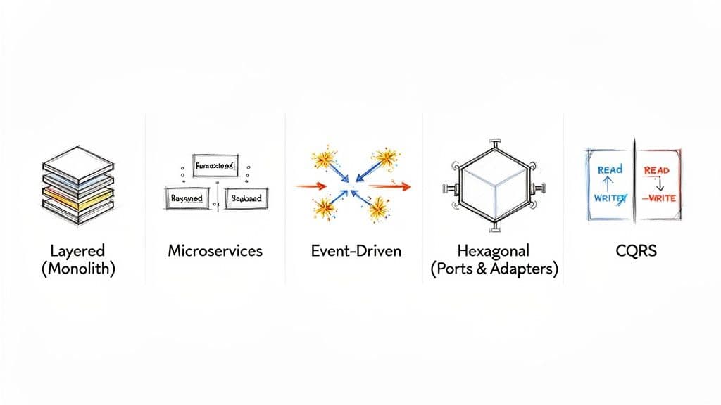 Diagram illustrating five common software architecture patterns: Layered, Microservices, Event-Driven, Hexagonal, and CQRS.