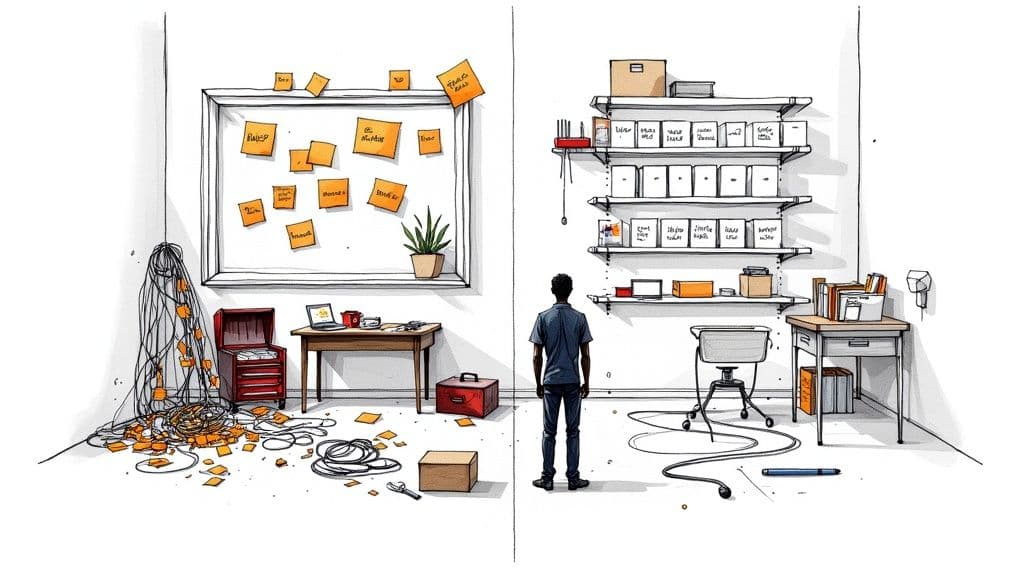 Illustration contrasting a chaotic, messy workspace with a clean, well-organized one, observed by a man.