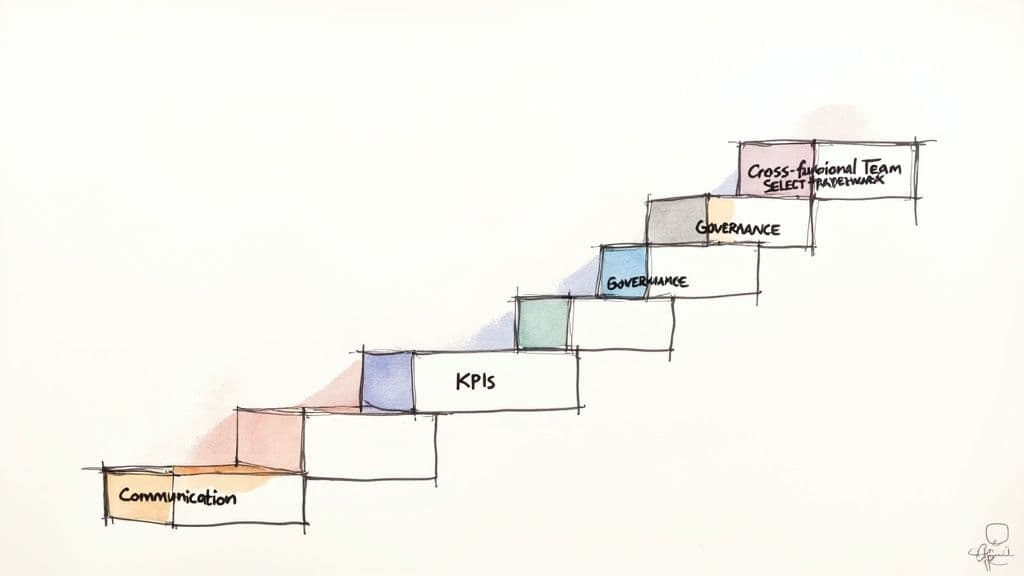 An illustration of a stepped process or framework, showing blocks labeled Communication, KPIs, Governance, and Cross-functional Team.