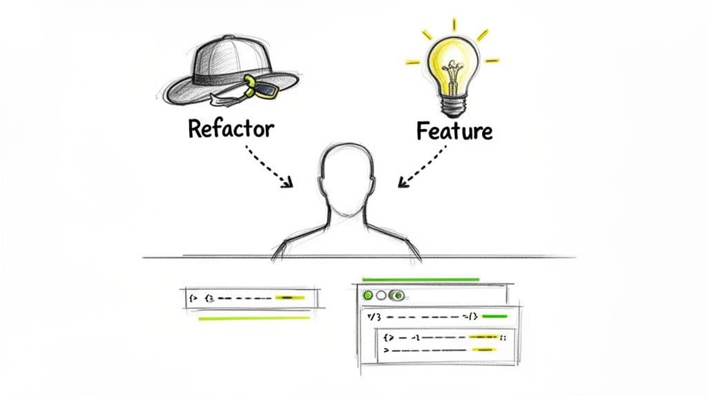 Illustration of a developer deciding between refactoring code (hat) and building new features (lightbulb), with code examples below.