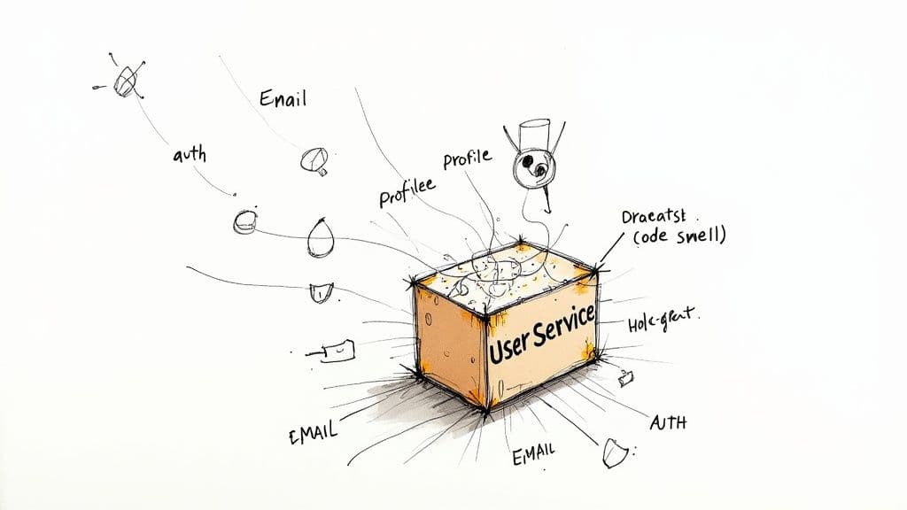 A hand-drawn diagram illustrates a 'User Service' box overwhelmed by many incoming connections like auth, email, and profile, signifying a code smell.