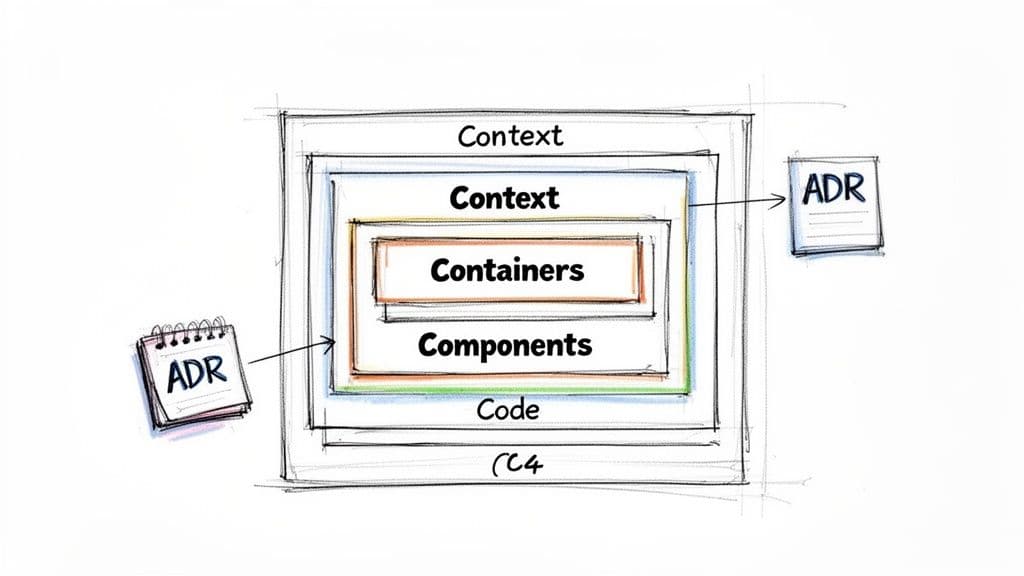 A layered software architecture diagram showing Context, Containers, Components, Code, and ADRs.