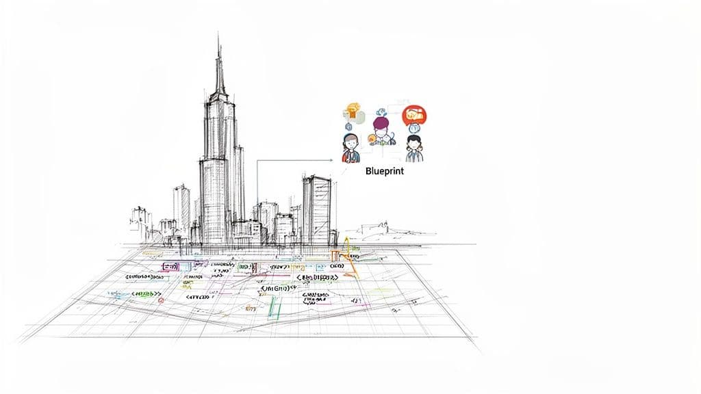 Architectural sketch of a city skyline with a blueprint grid, linked to a conceptual diagram.