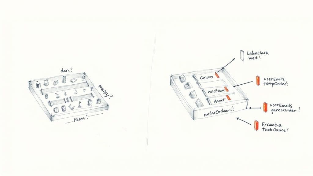 A close-up shot of lines of TypeScript code on a dark-themed monitor, with variable and function names clearly visible.