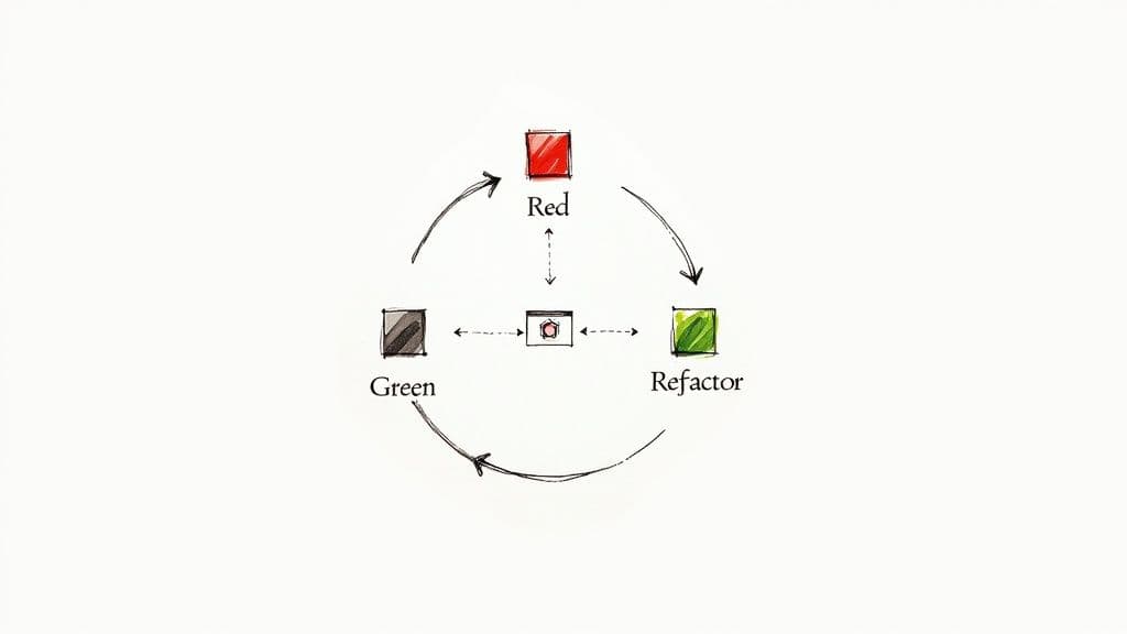 Test-driven development cycle diagram showing red, green, refactor phases with arrows indicating continuous workflow