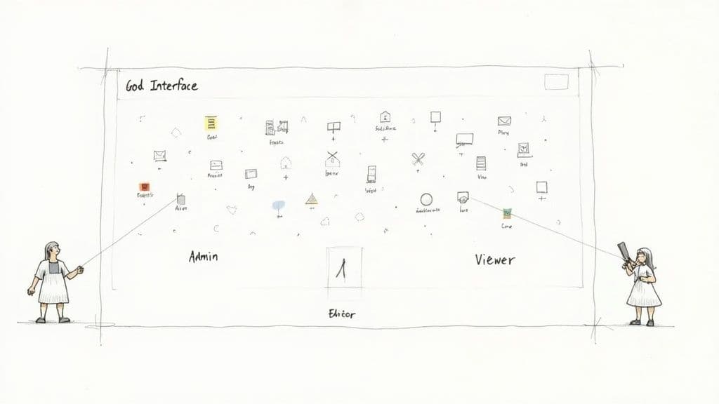 A conceptual 'God Interface' diagram shows admin and viewer roles interacting with various icons.