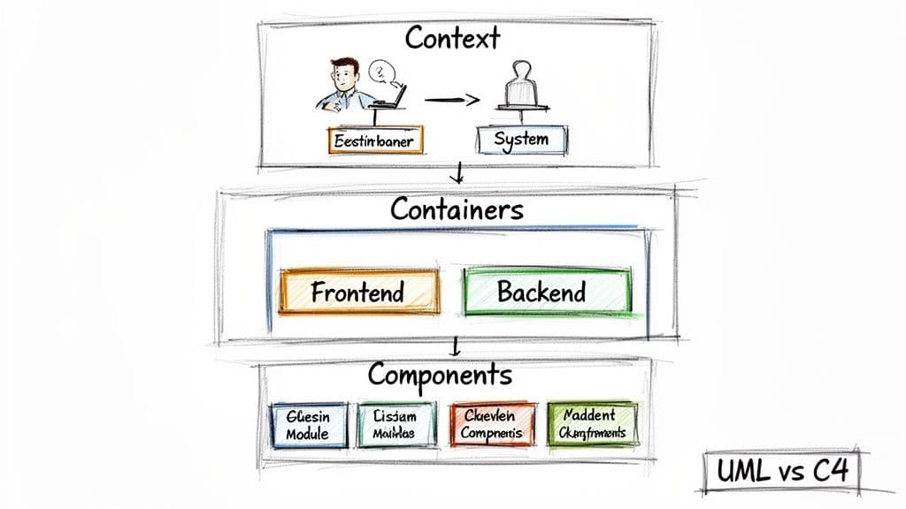 Hand-drawn diagram illustrating hierarchical software architecture levels: Context, Containers, and Components (UML vs C4).