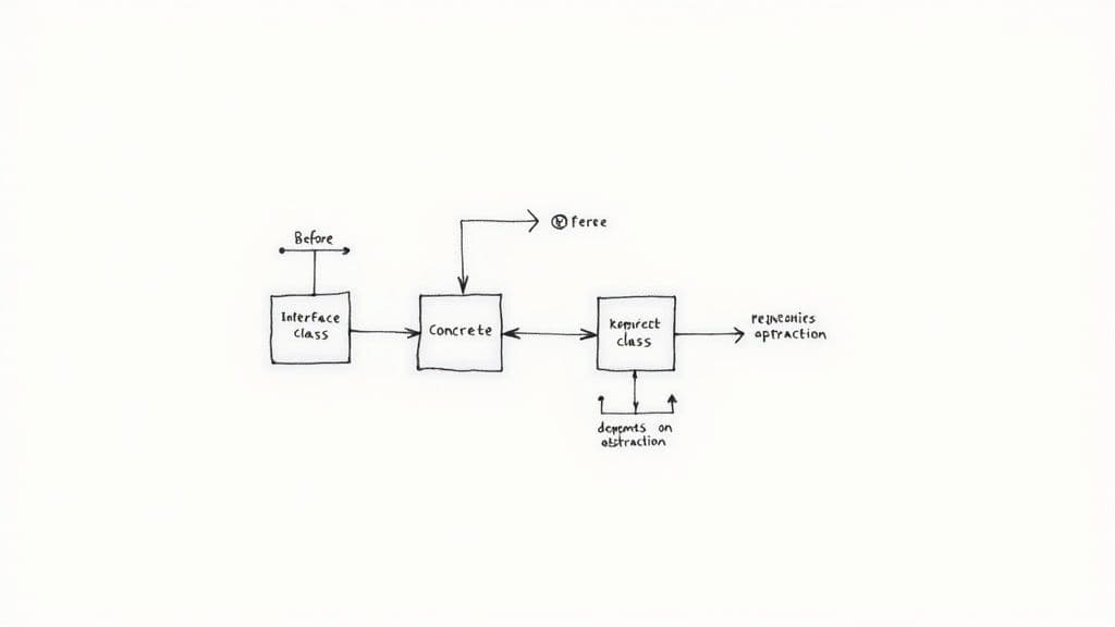 A hand-drawn software diagram illustrates Interface, Concrete, and Indirect classes with dependencies.