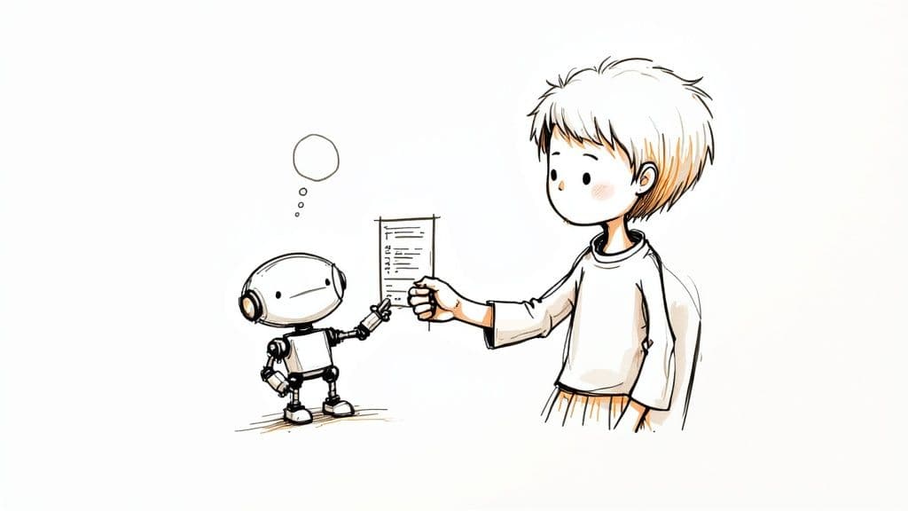 A cartoon robot and a child exchanging a document, with a thought bubble above the robot's head.