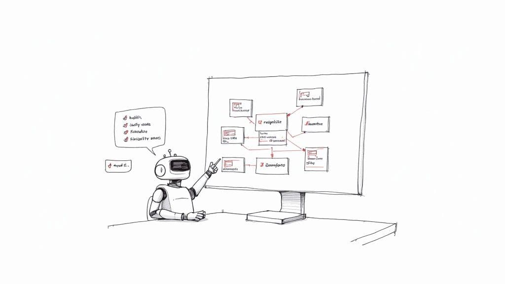 Robot presenting software architecture diagram with design patterns and code quality principles on whiteboard