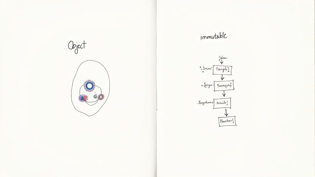 A hand-drawn diagram comparing an object with internal gears to an immutable process flowchart.