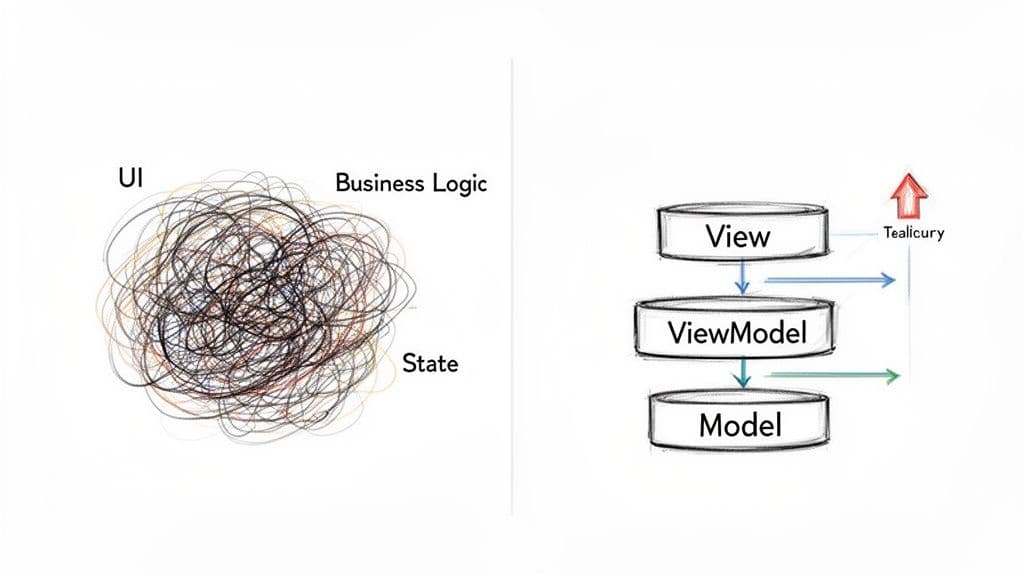 Diagram comparing tangled UI logic with clear Model-View-ViewModel (MVVM) architectural layers and data flow.